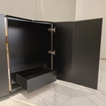 Matte Black Sideboard with Six-Panel Front, Stainless Steel Accents Three Drawers and Interior Shelves
